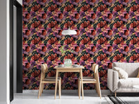 Dark flower wallpaper in a dining area with a wooden table and white sofa.