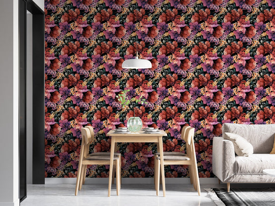 Dark flower wallpaper in a dining area with a wooden table and white sofa.