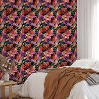 Summer flower wallpaper in a bedroom setting with a tan blanket and white bed.