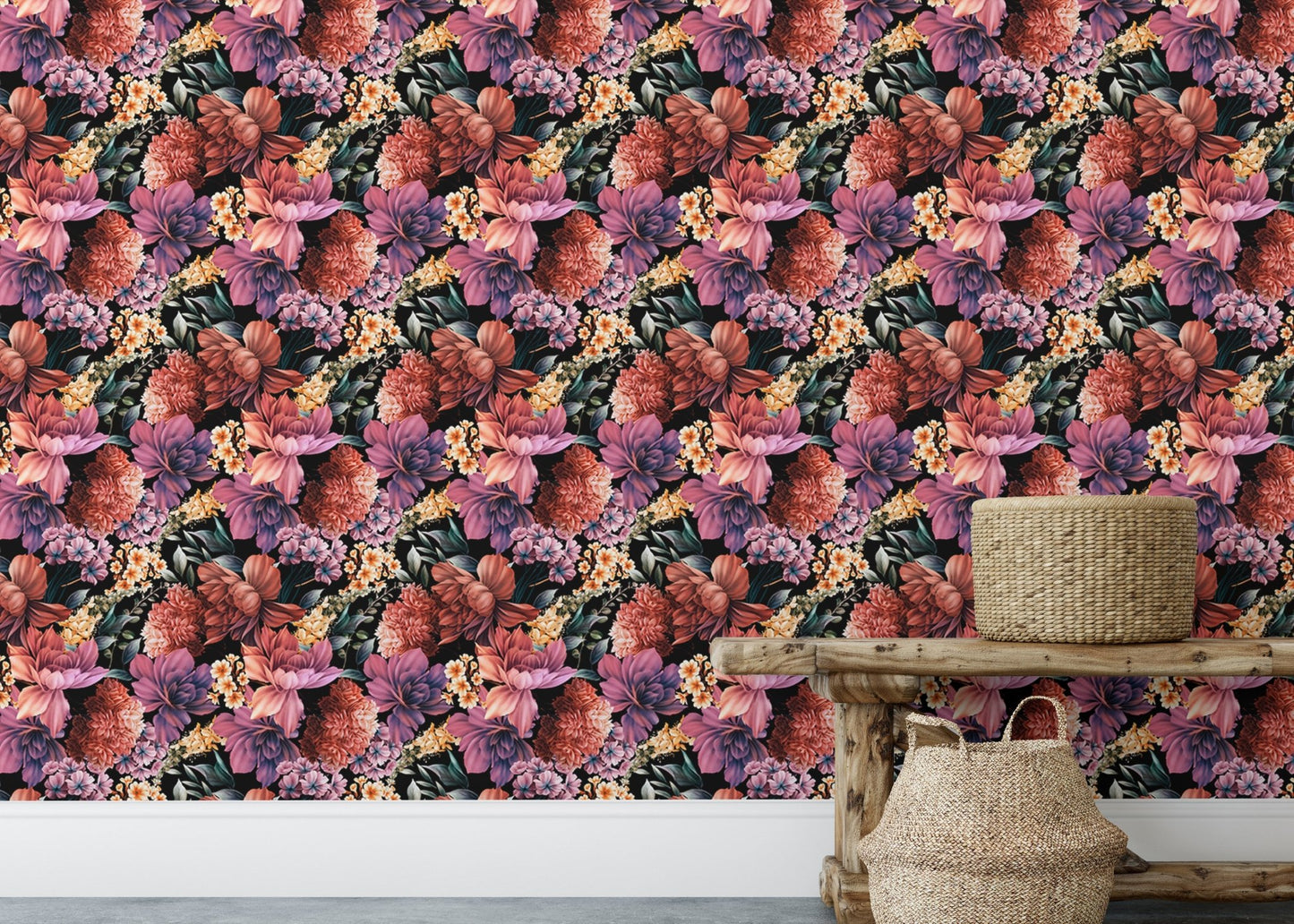 Watercolor Flowers Summer Background Self Adhesive Wallpaper in a living area with a bench.