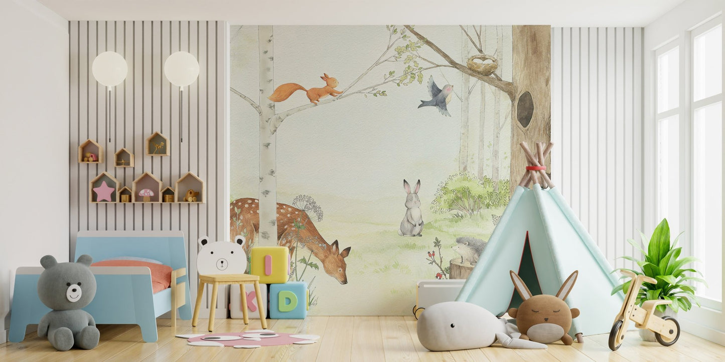 Kids wall mural featuring forest animal friends in bedroom.