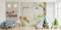 Kids wall mural featuring forest animal friends in bedroom.