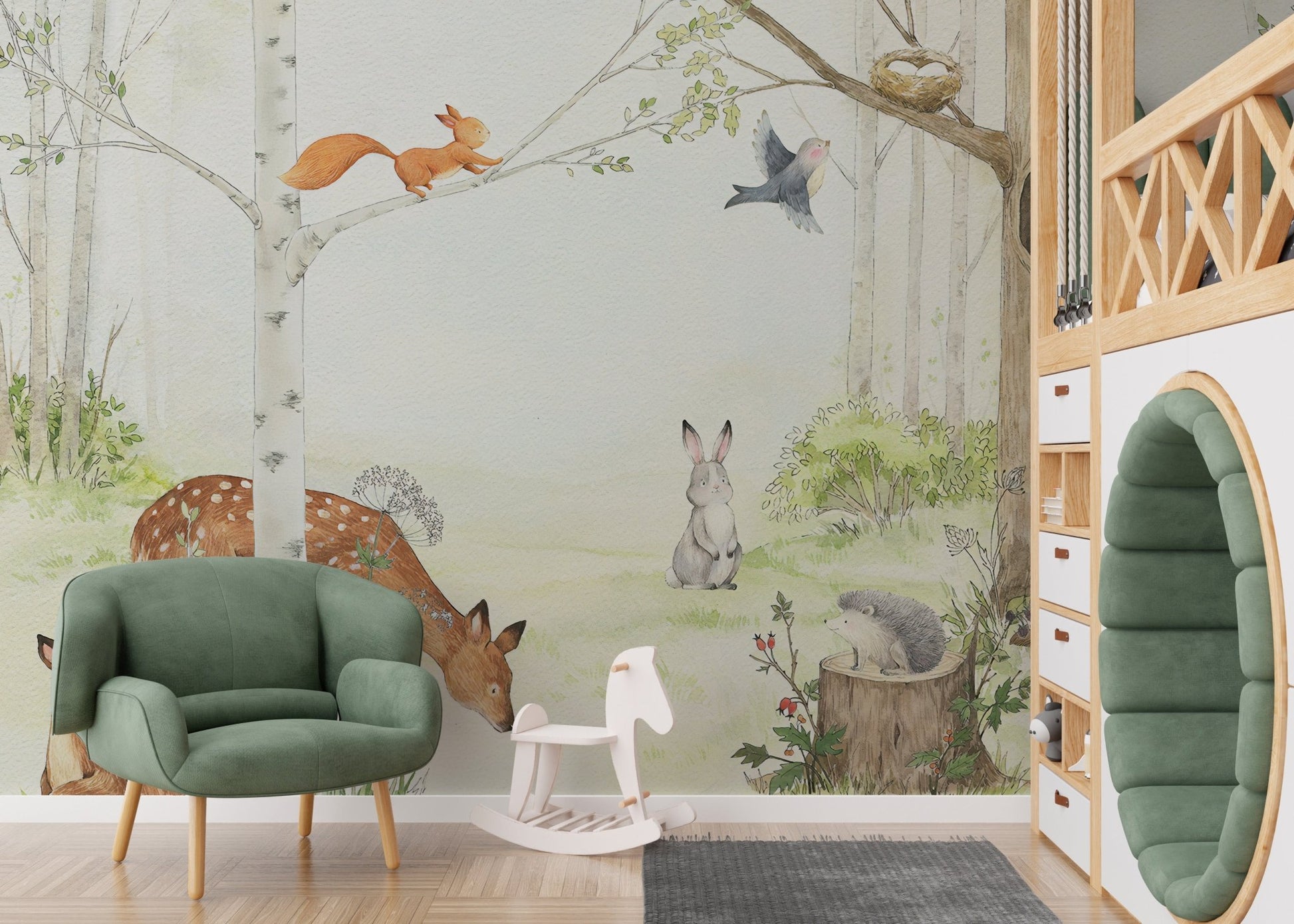 Whimsical kids wall mural with forest animals in nursery.