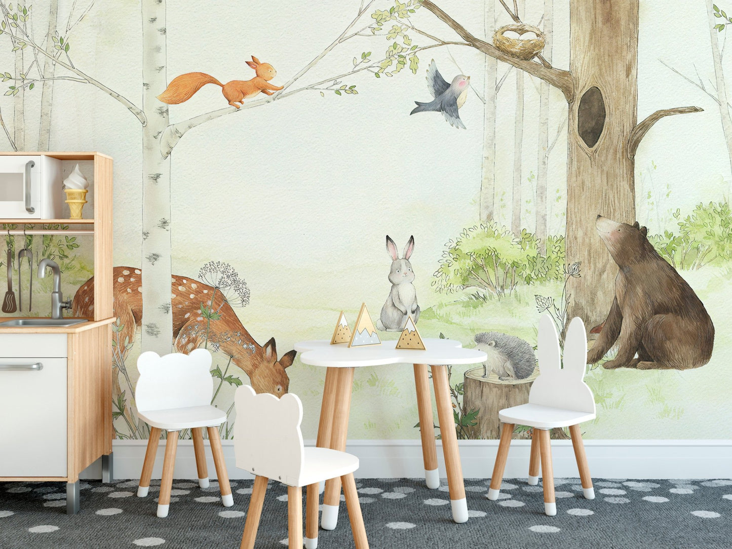 Watercolor forest animal friends wall mural in play area.