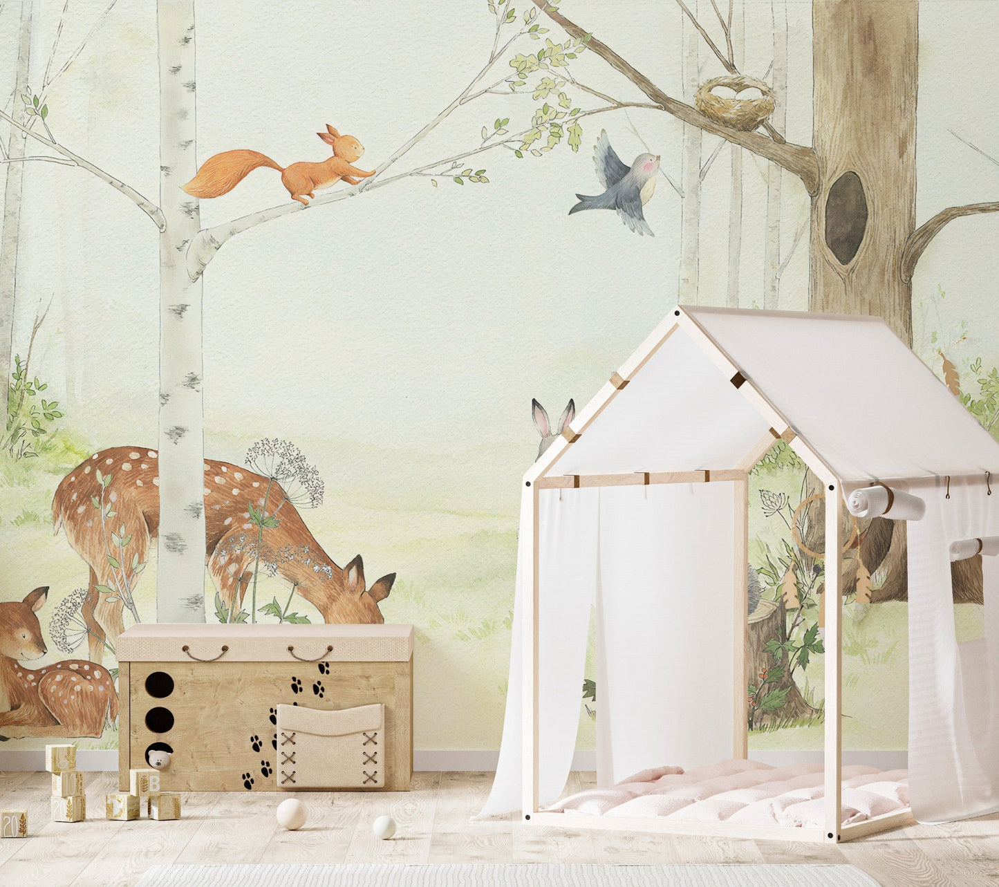Watercolor animal friends mural for toddler room walls.