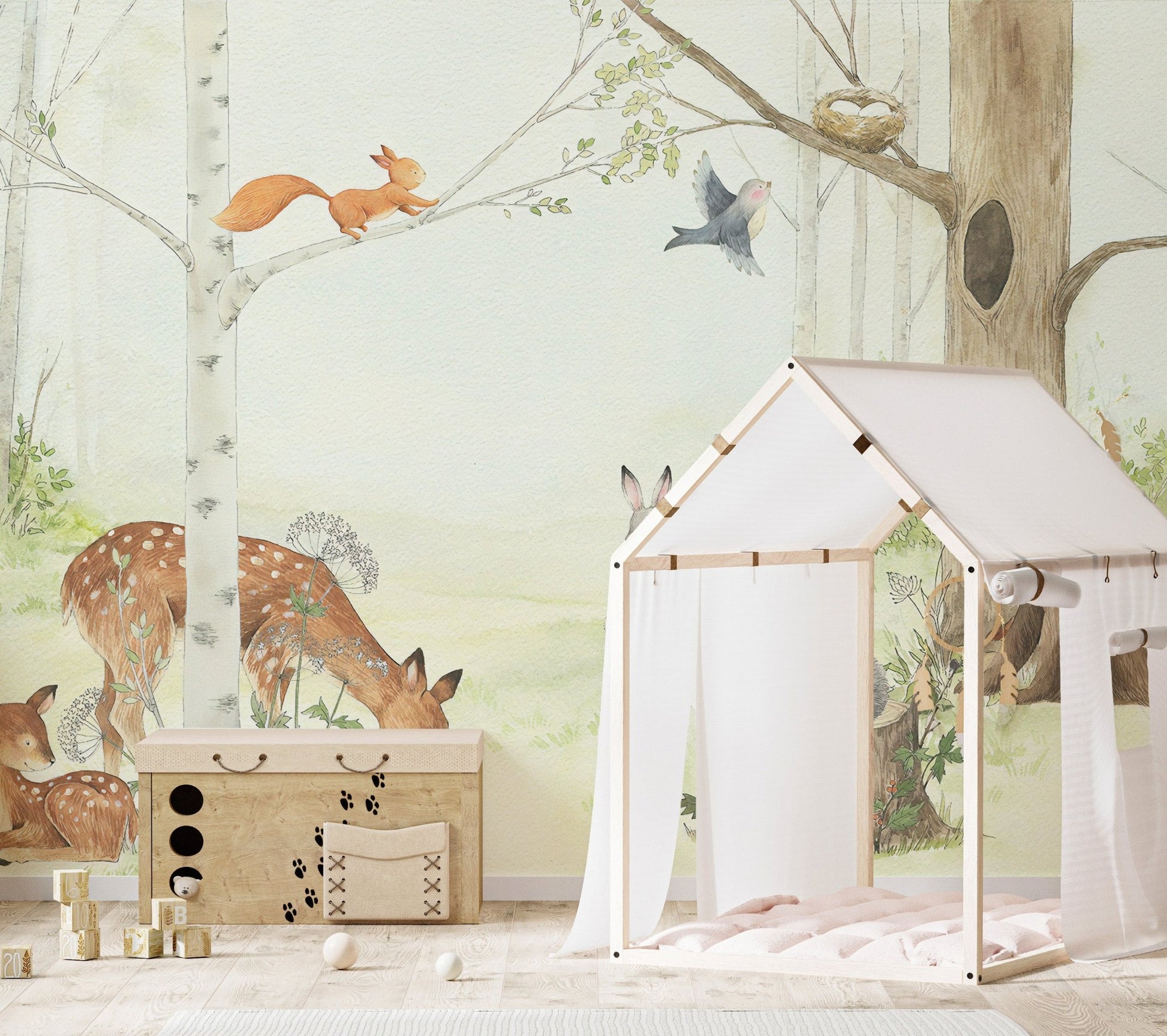 Watercolor animal friends mural for toddler room walls.