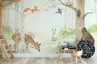 Adorable forest friends mural for kids activity wall.