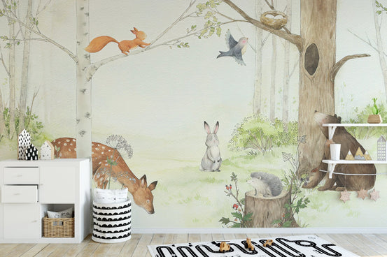 Cute forest animal mural with soft colors for kids playroom.