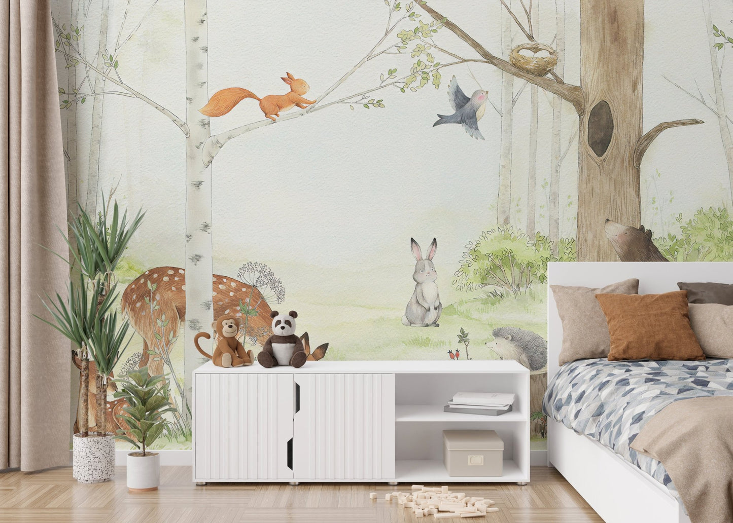 Gentle forest animal wall mural in bright kids bedroom.