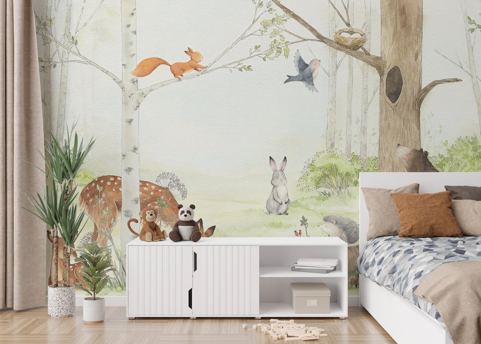 Gentle forest animal wall mural in bright kids bedroom.