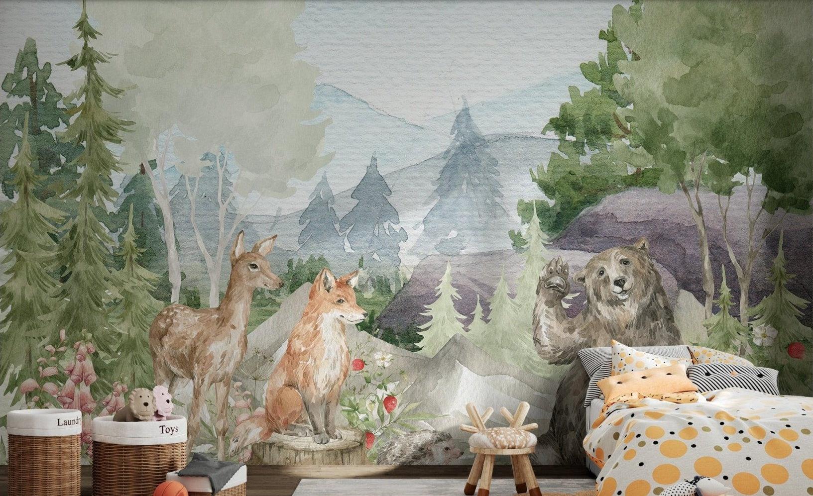 Forest deer and bear watercolor wall mural in a bright nursery room.