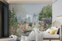Kids' bedroom wall mural with watercolor forest bear and deer scene.