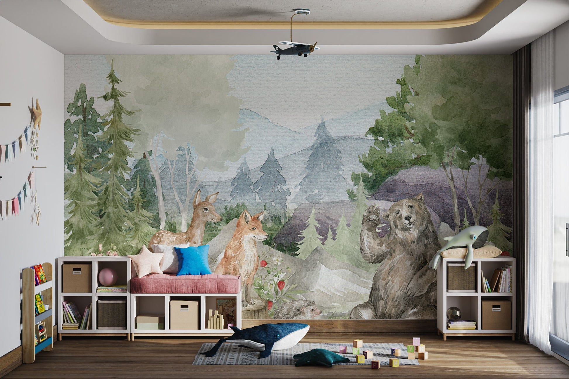 Child room wall mural featuring forest bear and deer design.