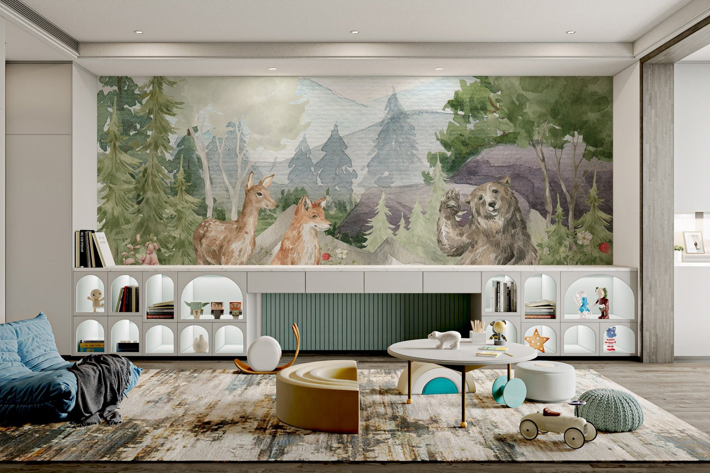 Bear and deer in watercolor forest wall mural for kids play rooms.
