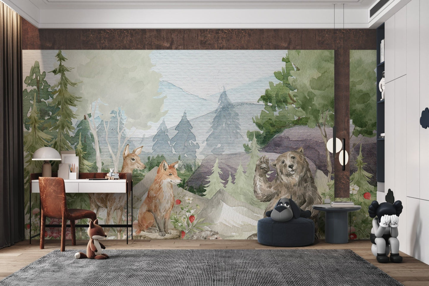 Children's study area featuring a green forest animal wall mural