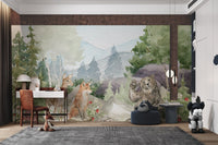 Children's study area featuring a green forest animal wall mural