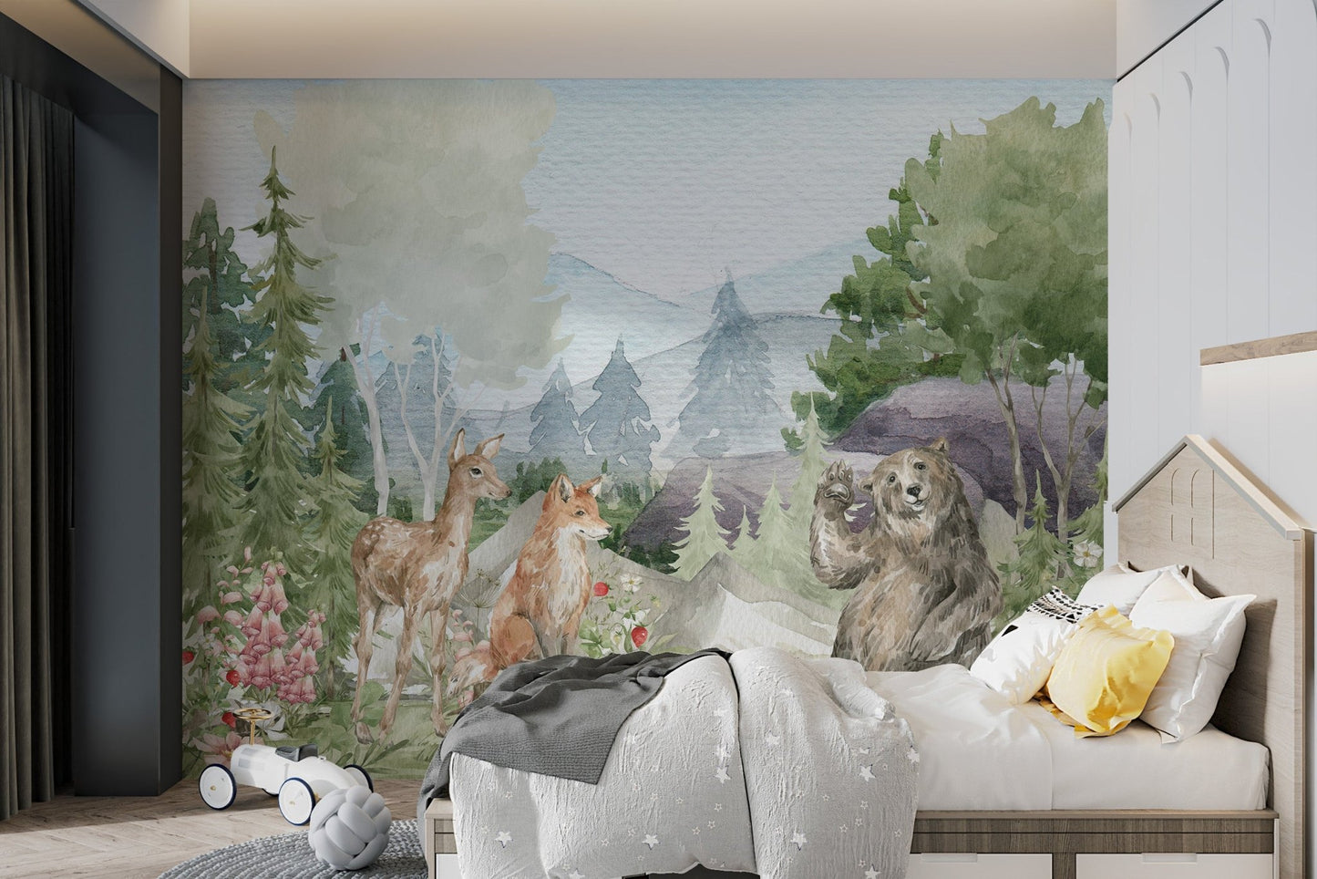 Watercolor Forest Bear and Dear Wall mural in a minimalist kids bedroom.
