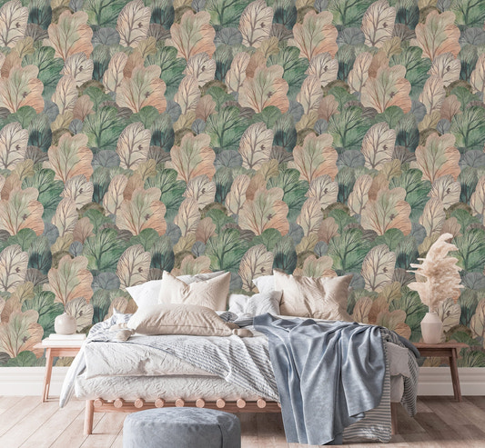 Bedroom with Watercolor Forest Cute Seamless Pattern Leaf Wallpaper behind a white bed.