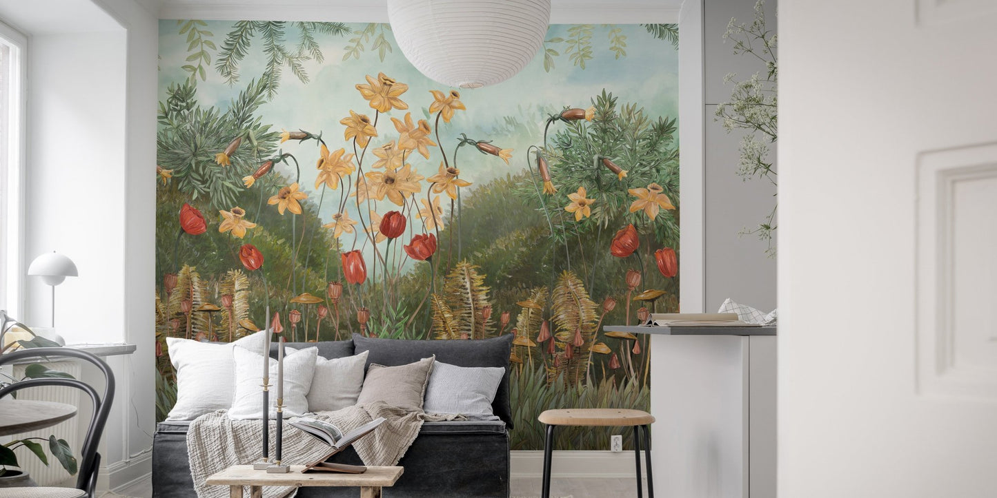 Plants and Flowers Wall Mural in contemporary living interior.