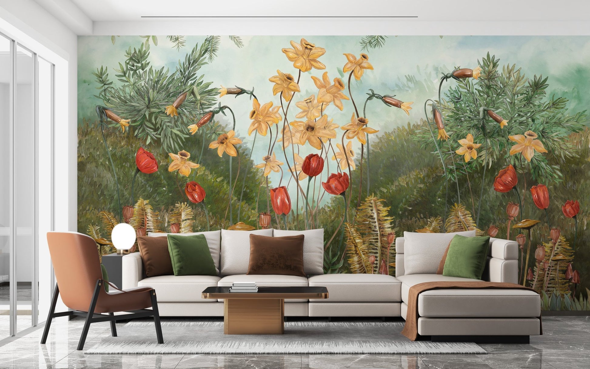 Botanical Watercolor Wall Mural in compact living room.