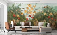 Botanical Watercolor Wall Mural in compact living room.
