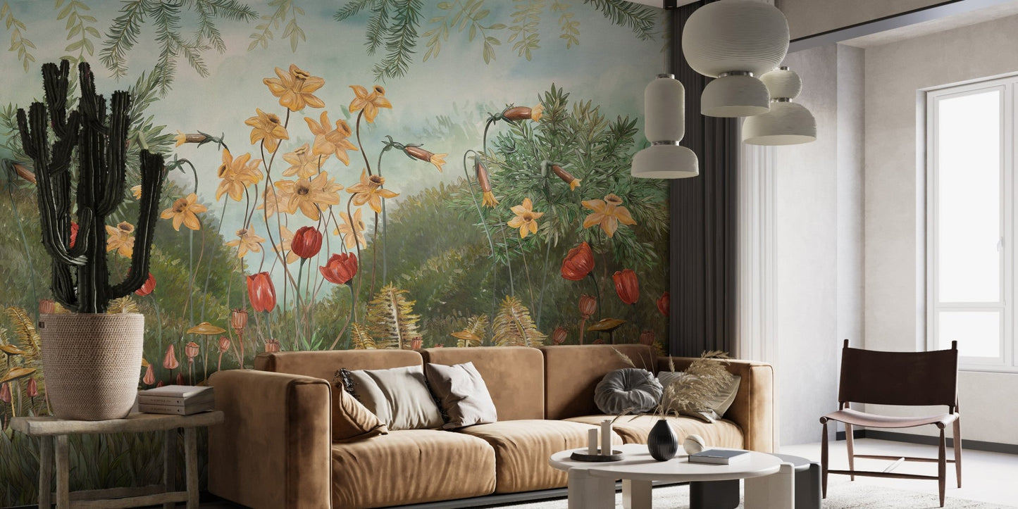 Forest Botanical Wall mural Decor in a sitting room.