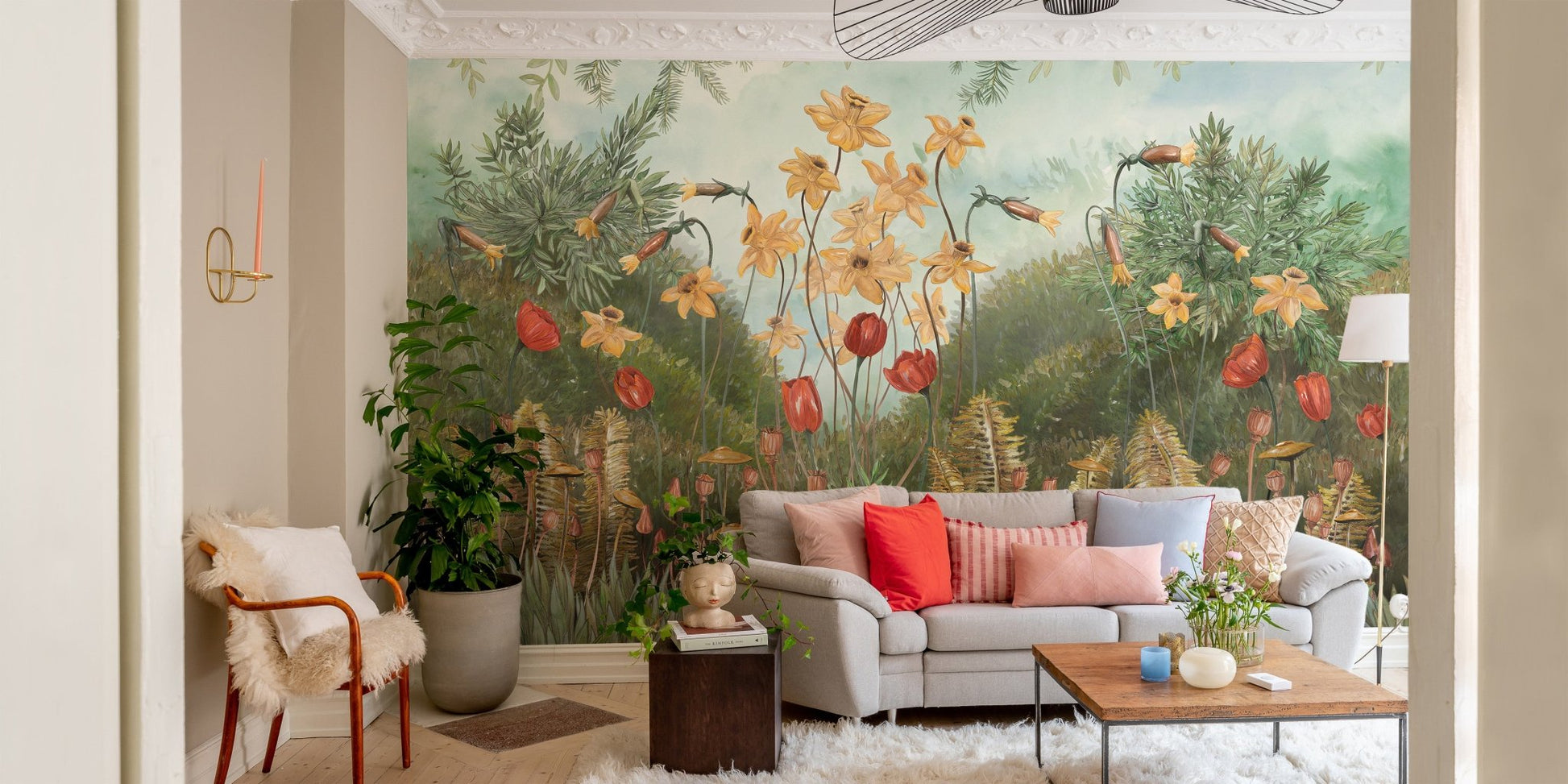 Nature-Inspired Wall Mural Art in Minimalist living room.