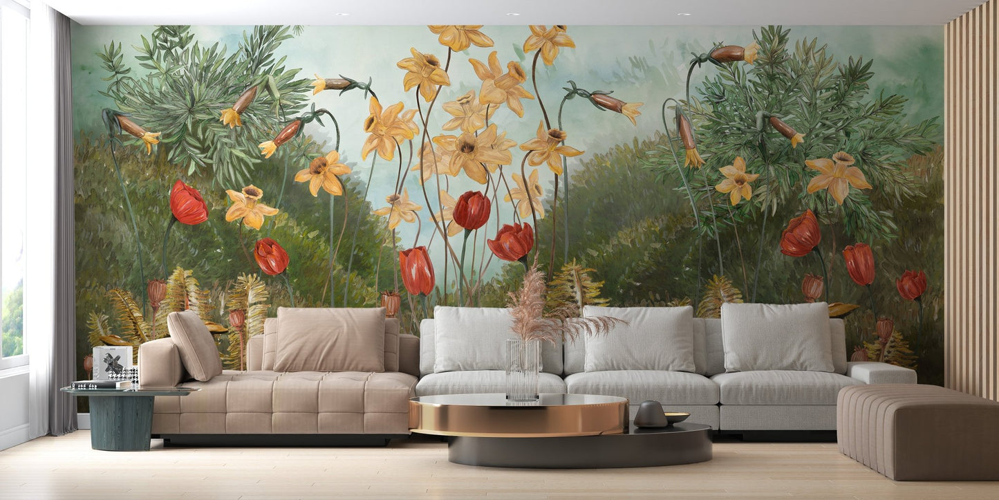 Stylish flat with white seating and meadow flower theme wall mural 