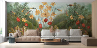 Stylish flat with white seating and meadow flower theme wall mural 