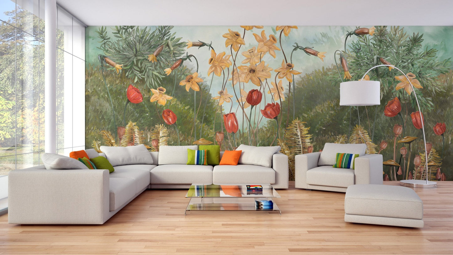 Forest Flowers and Plants Mural in open living space.