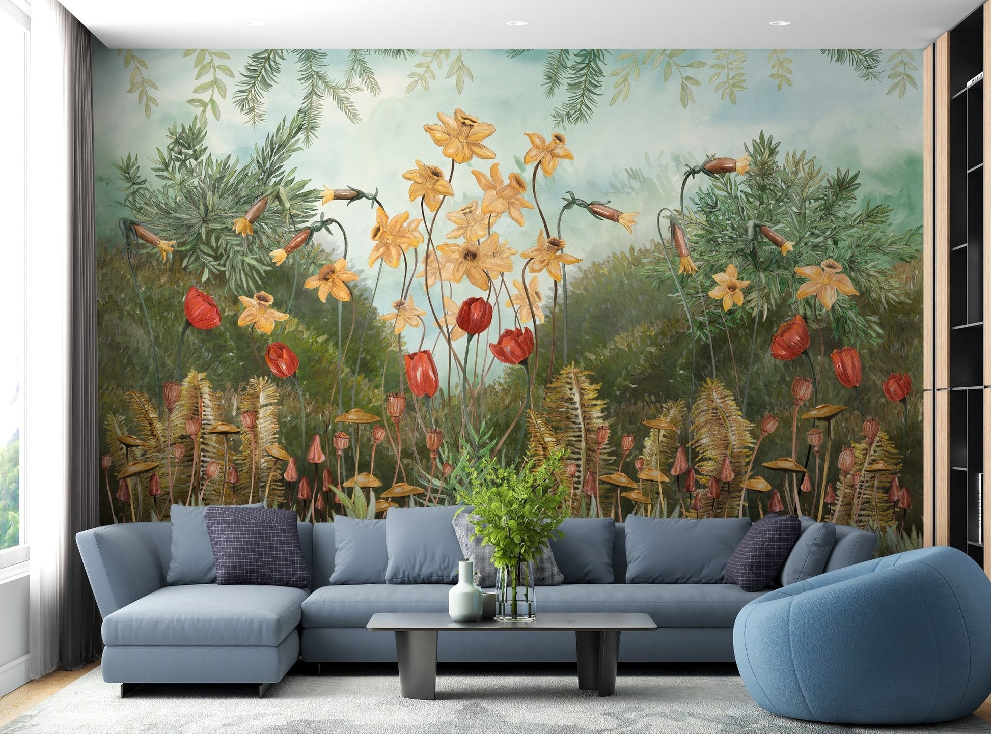 Watercolor Forest Wall Mural in modern living room.