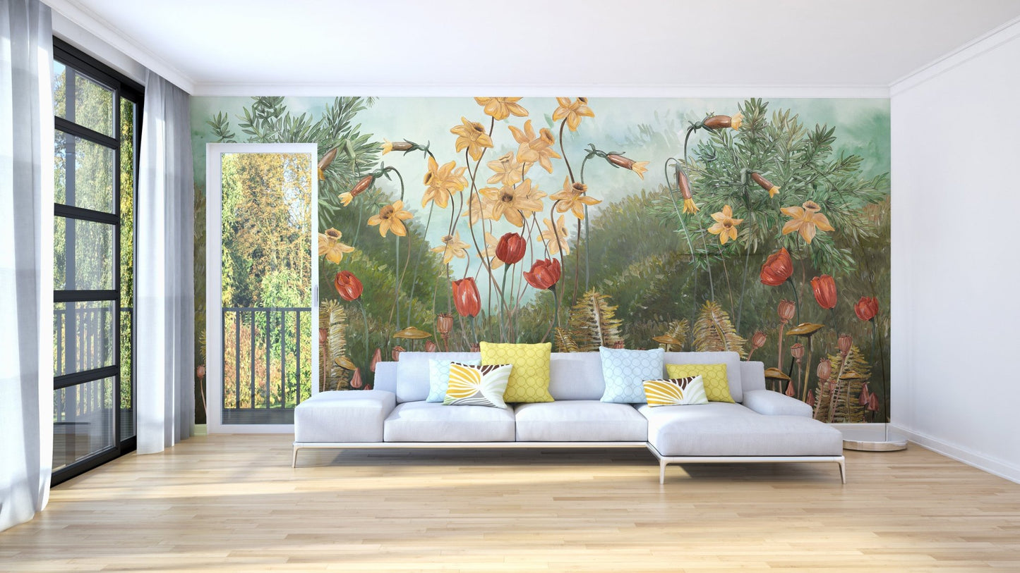 Floral Forest Wall mural design in large living room.