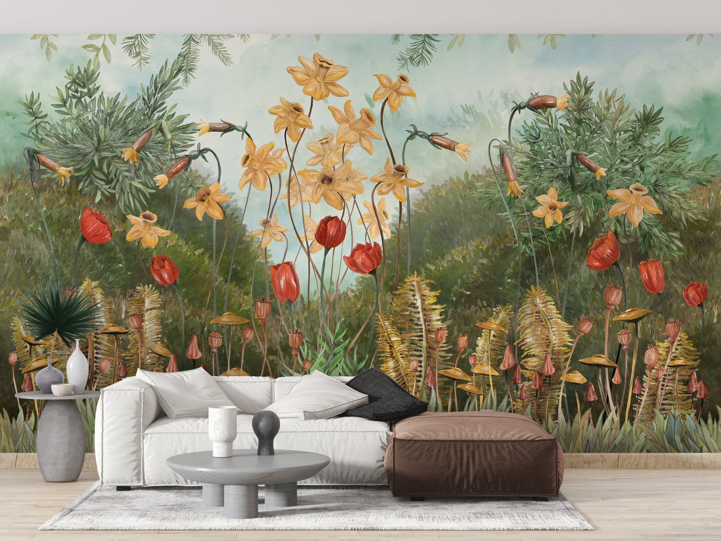 Grey couch in a well-lit space with Watercolor forest Flower wall mural.