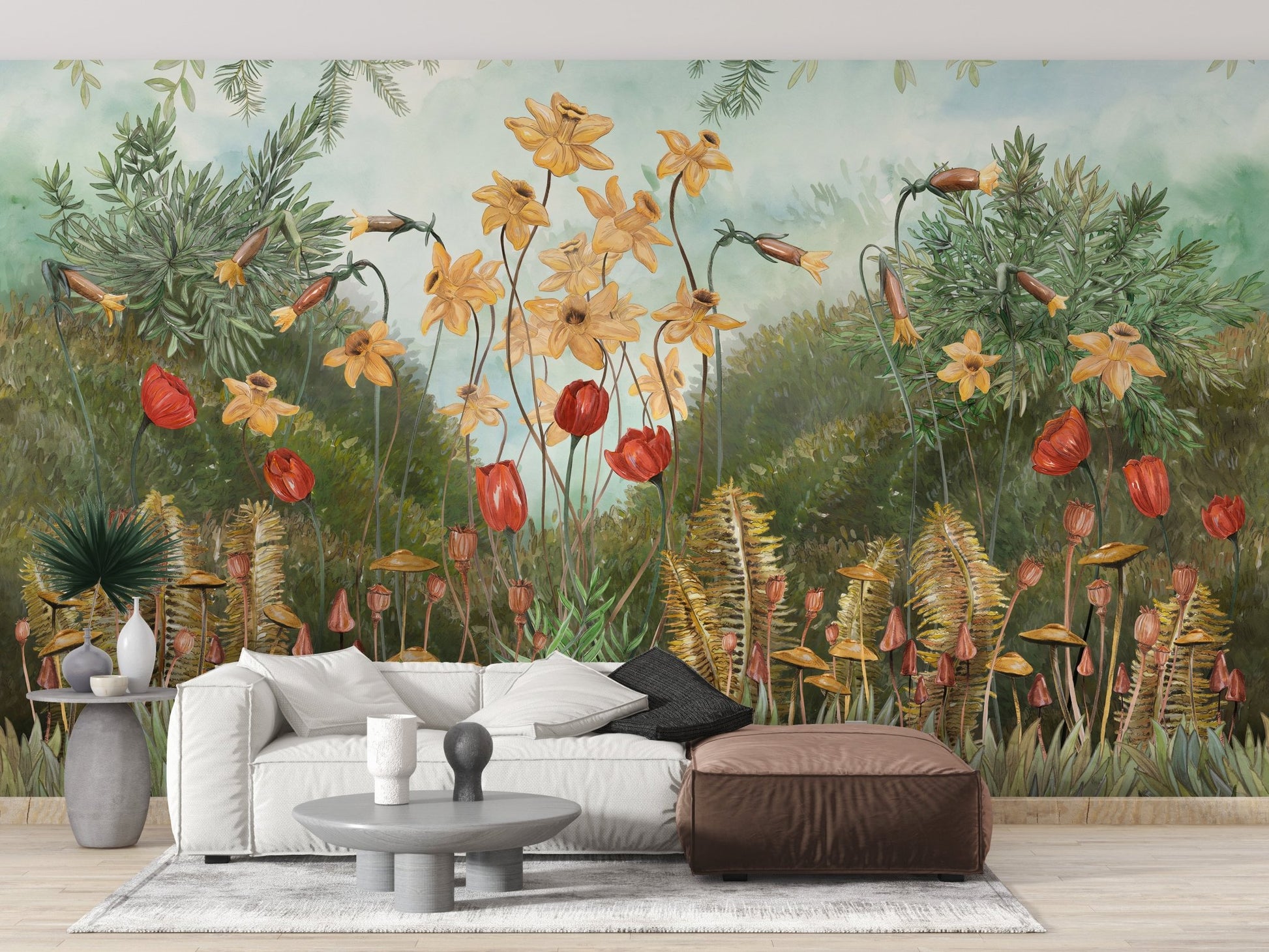 Grey couch in a well-lit space with Watercolor forest Flower wall mural.