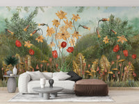 Grey couch in a well-lit space with Watercolor forest Flower wall mural.