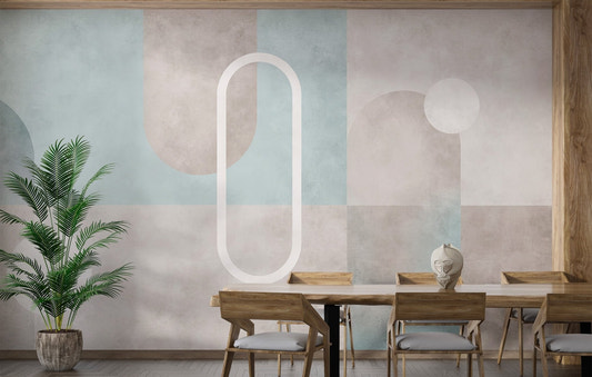 Abstract mural with watercolor textures and rounded shape in dining room.