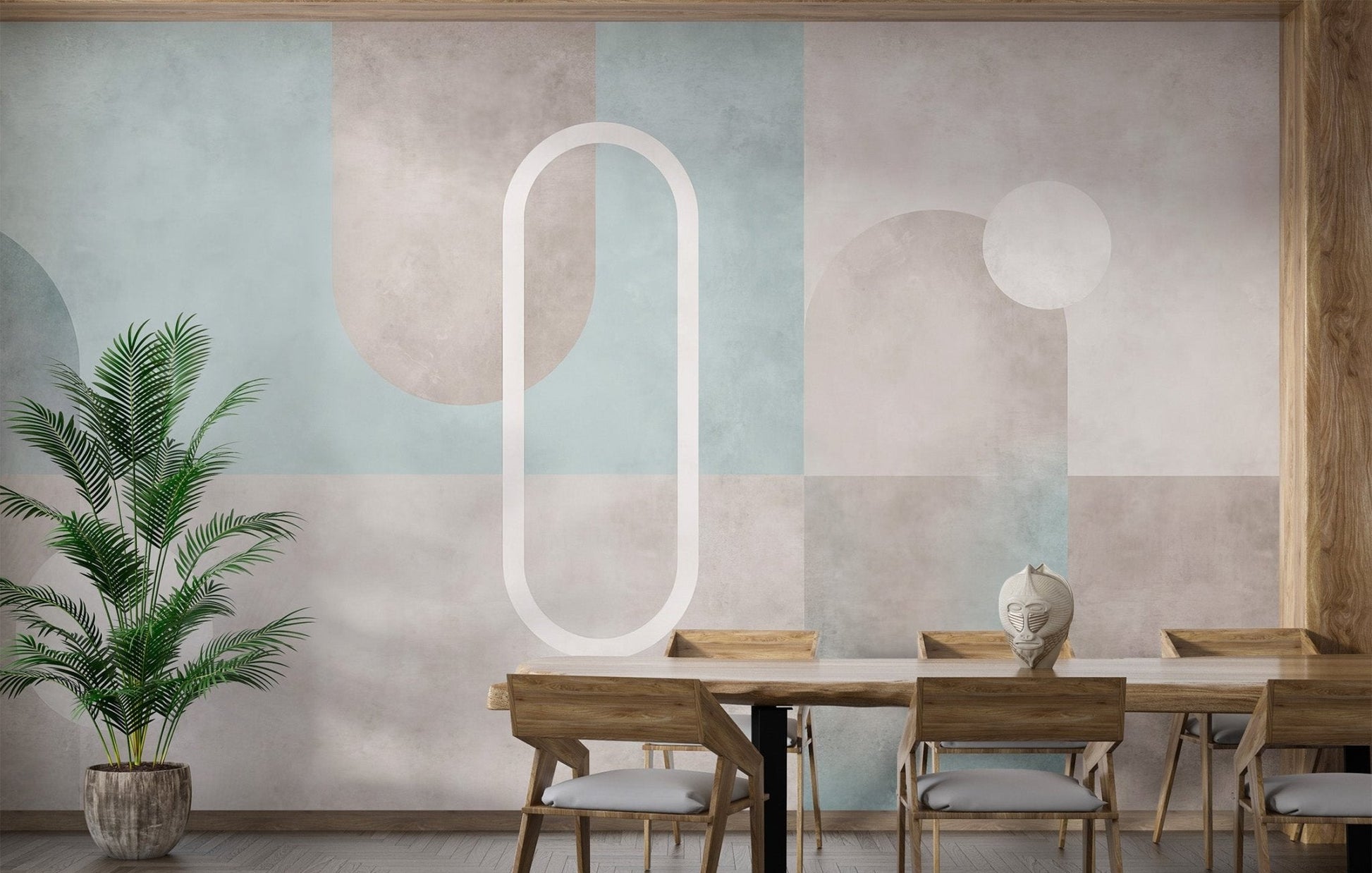 Abstract mural with watercolor textures and rounded shape in dining room.