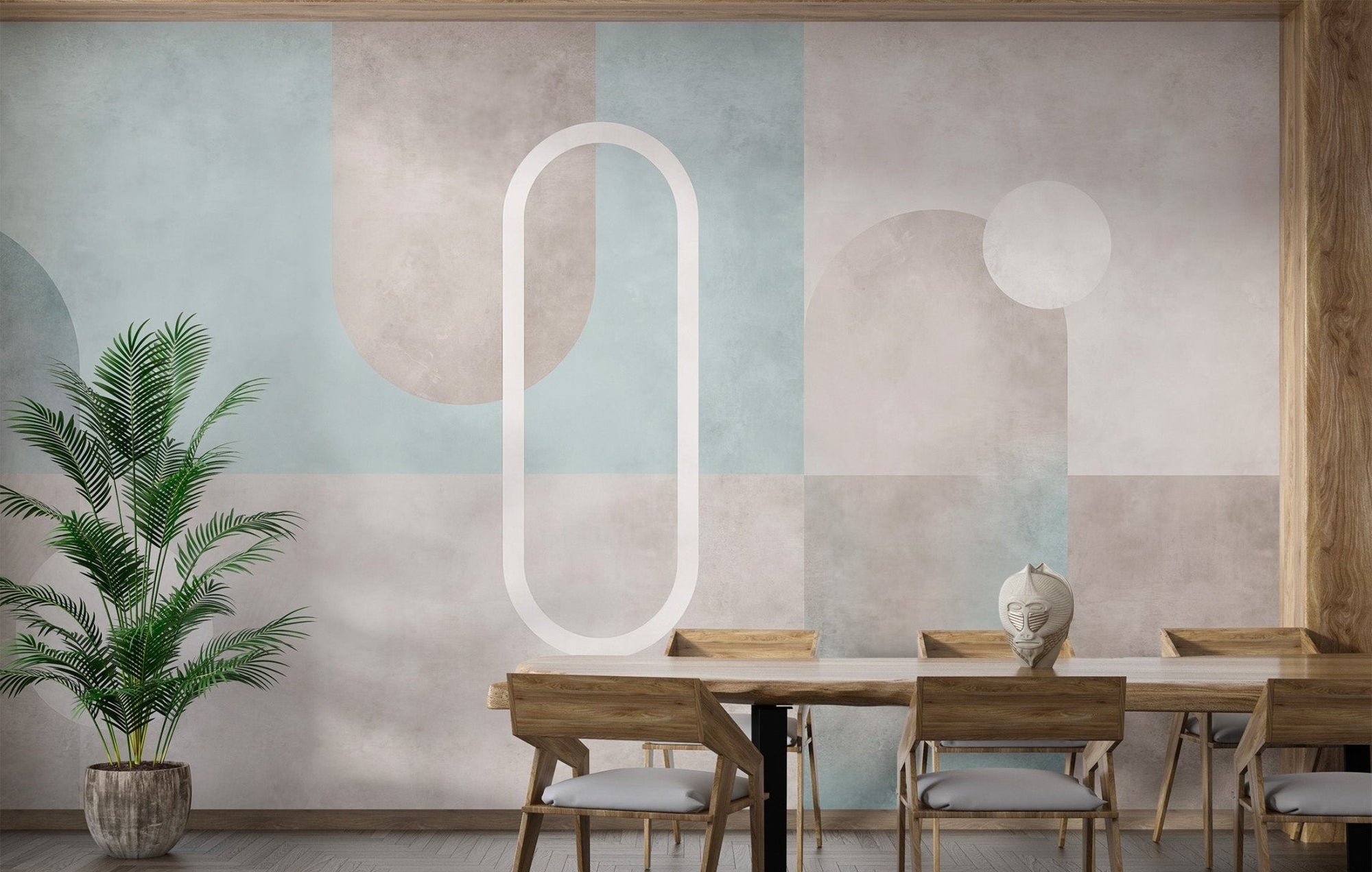 Abstract mural with watercolor textures and rounded shape in dining room.