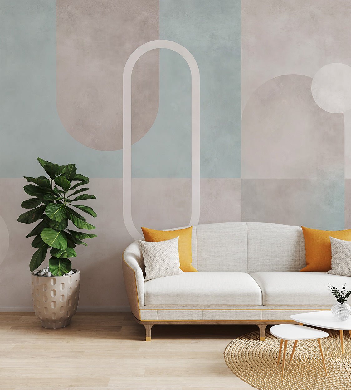 Soft pastel wall mural featuring geometric arches and circles.