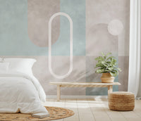 Watercolor wall mural with modern geometric patterns and curved lines.