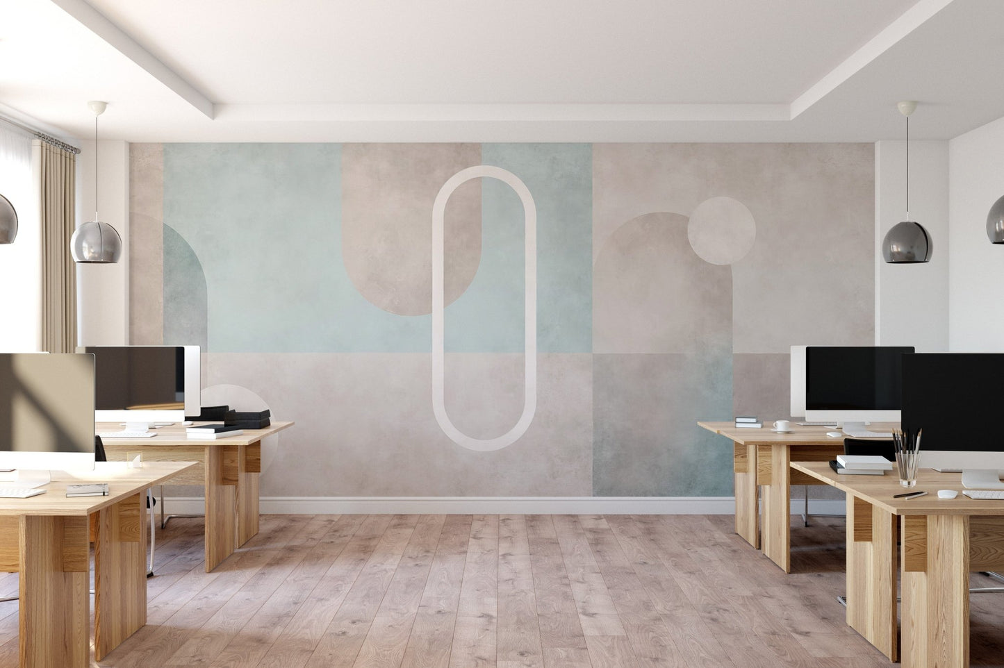 Watercolor geometric mural with soft pastel blue tone for office interior.