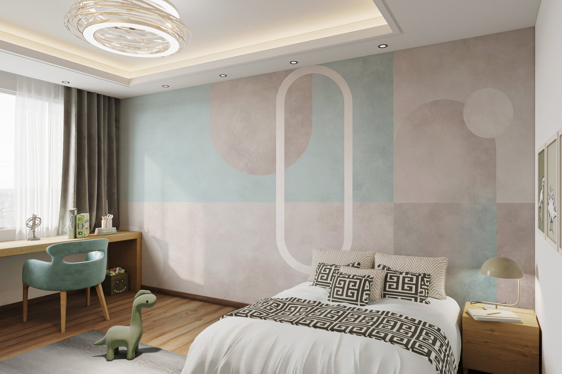 Textured watercolor mural with minimalist circle in sunlit bedroom.