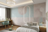 Textured watercolor mural with minimalist circle in sunlit bedroom.