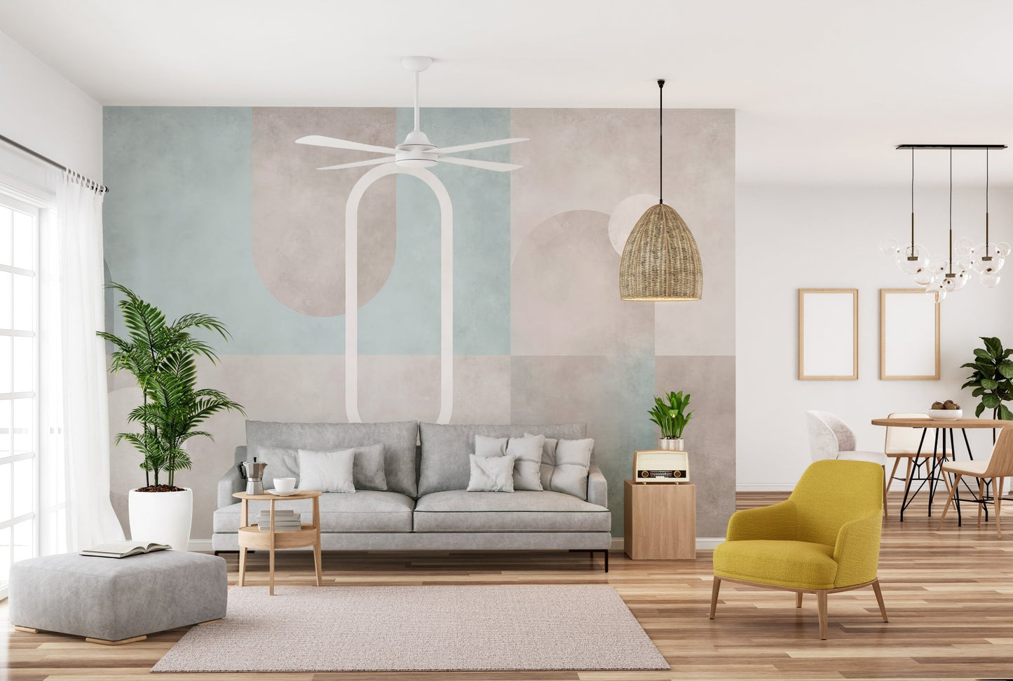 Soft geometric wall mural with watercolor-inspired shapes in living room.