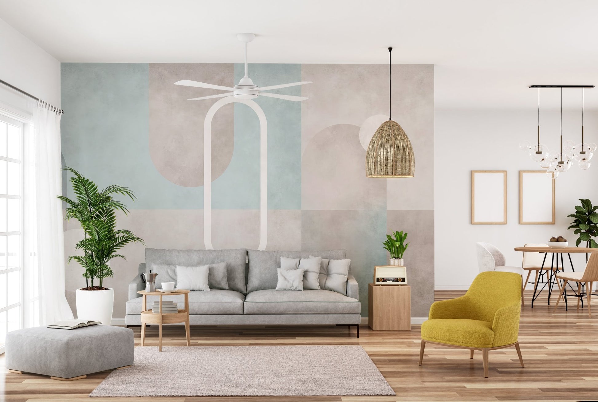 Soft geometric wall mural with watercolor-inspired shapes in living room.
