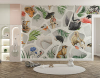 Watercolor animal wall mural featuring monkeys and birds in nursery.
