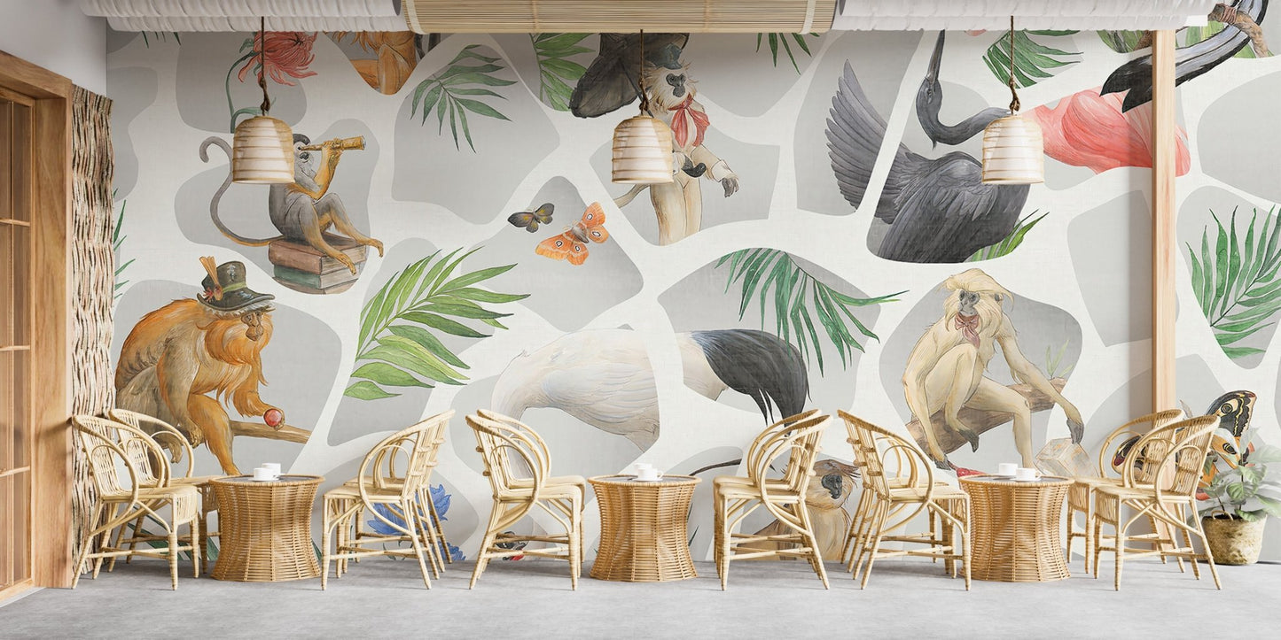 Artistic gray mural showcasing birds and monkeys in cafe dining area.