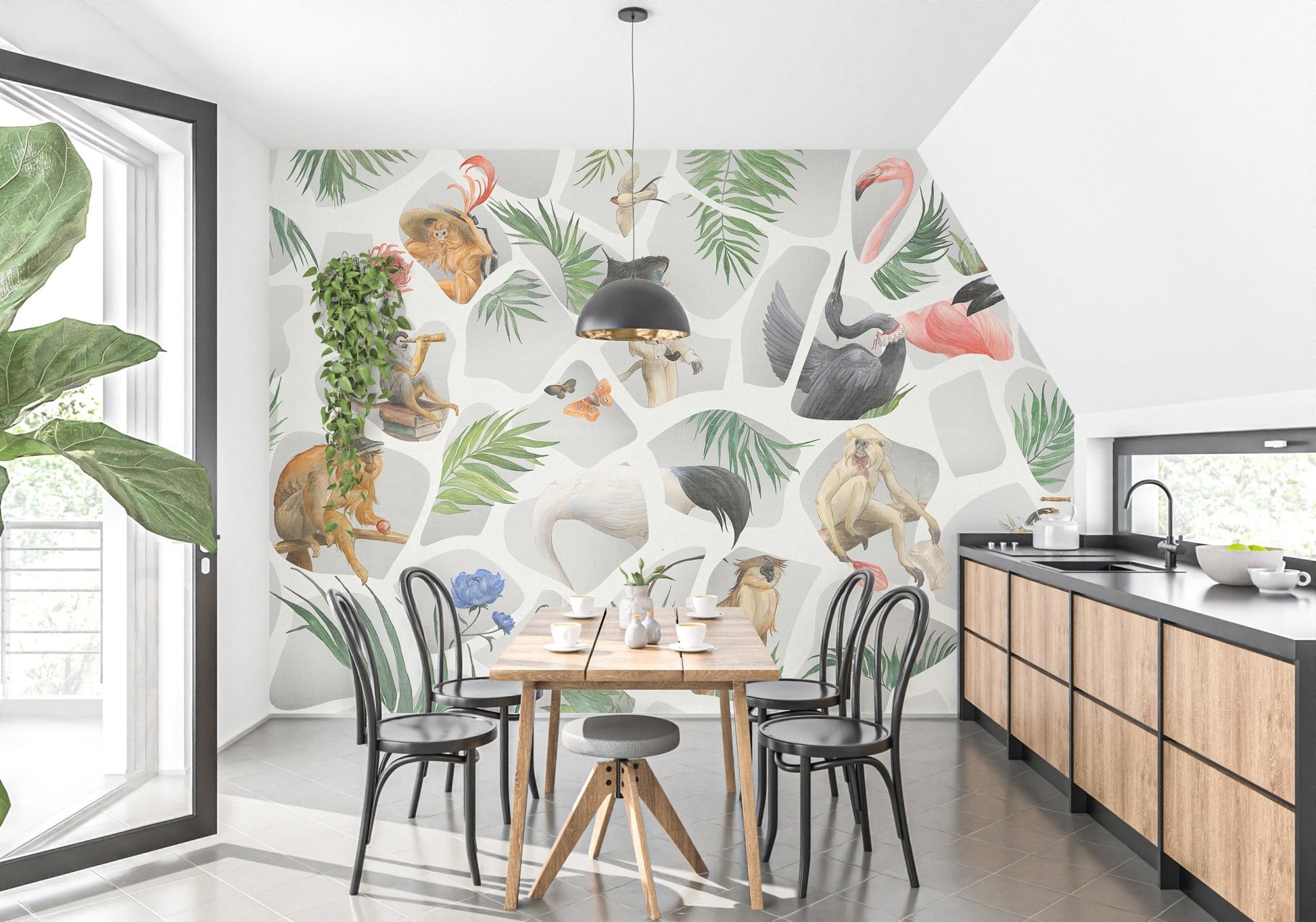 Watercolor monkey and bird wall mural in gray tones for dining room.