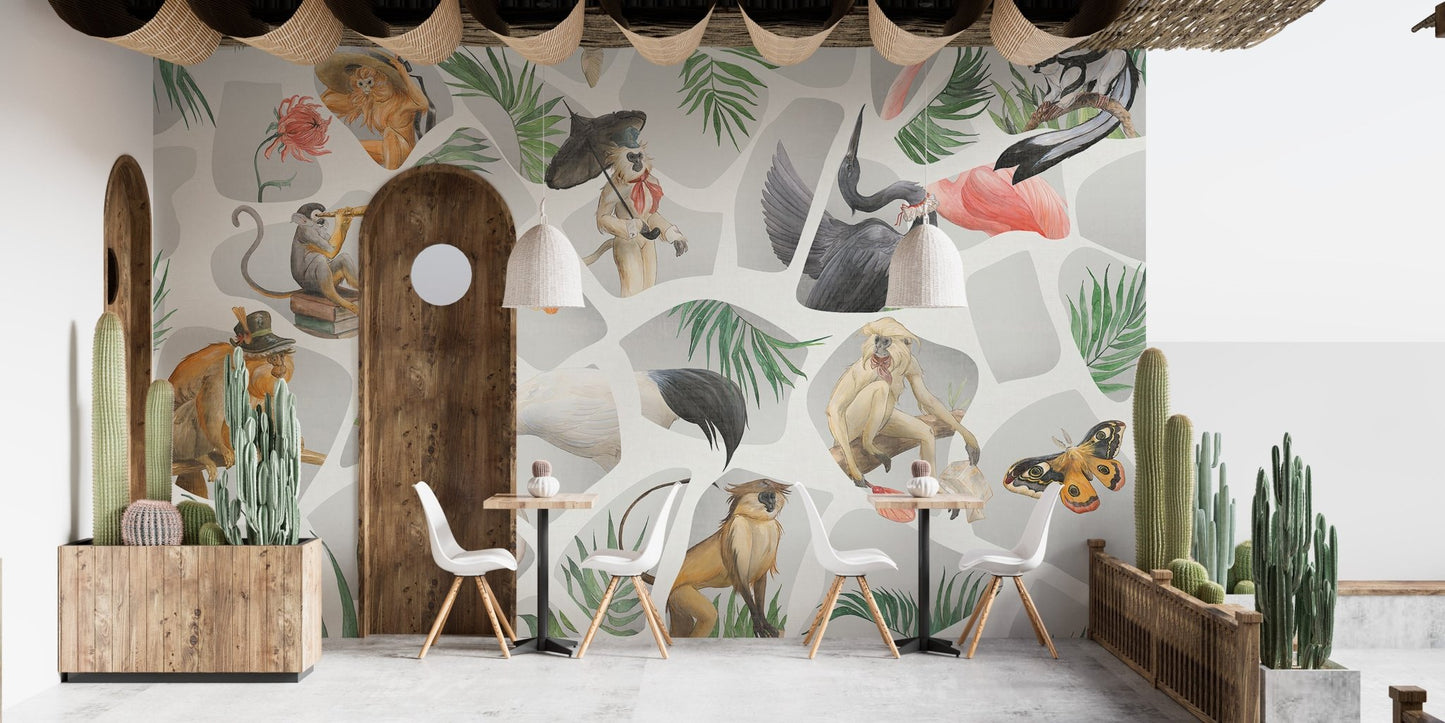 Monkey & Birds wall mural installed in a minimalist cafe and eating nook.