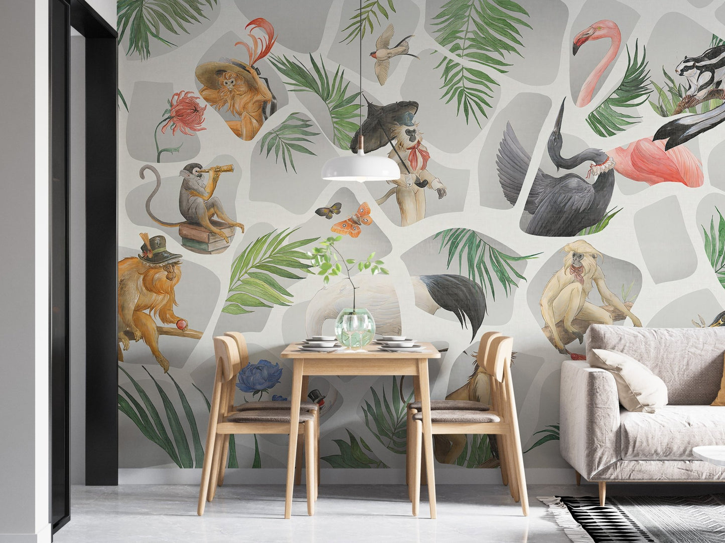 Gray-toned monkey and bird wall mural for dining room interior.